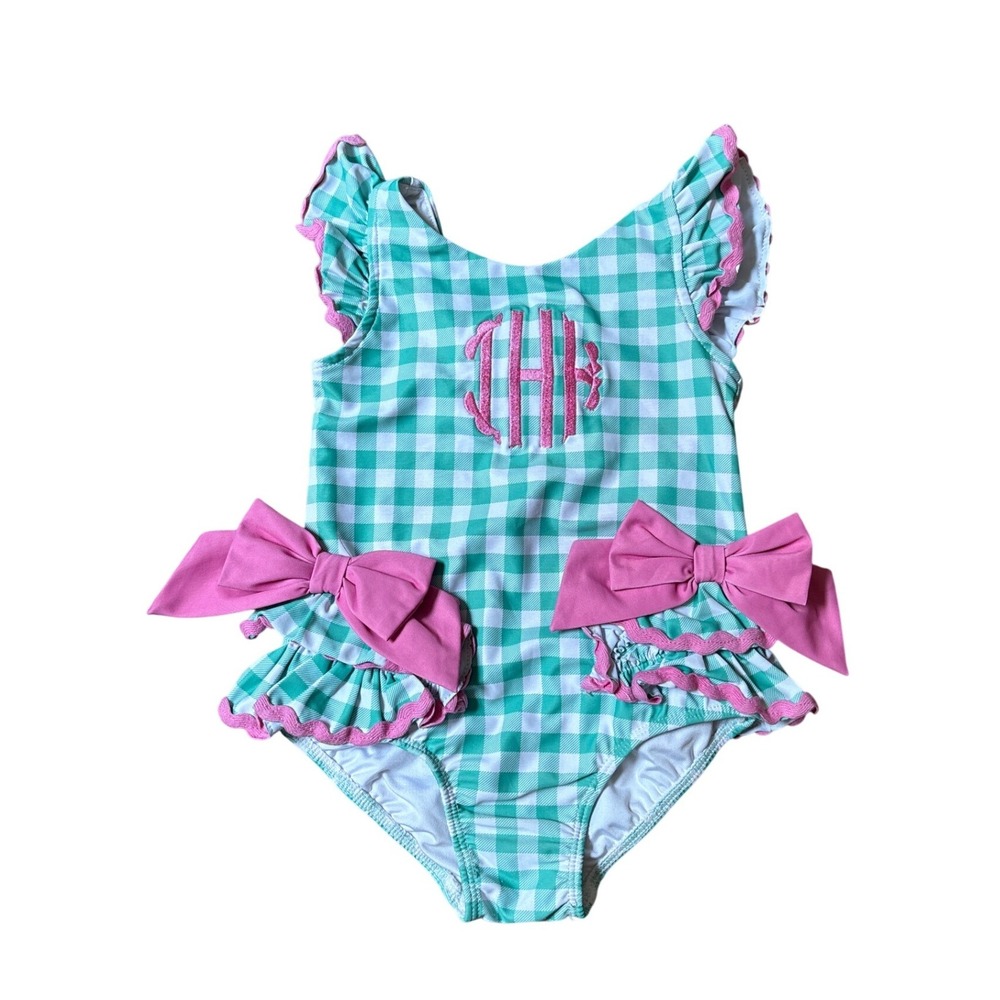 Classic Whimsy Swimsuit Girls Green Gingham Pink Bow Ric Rac SIZE 18-24M